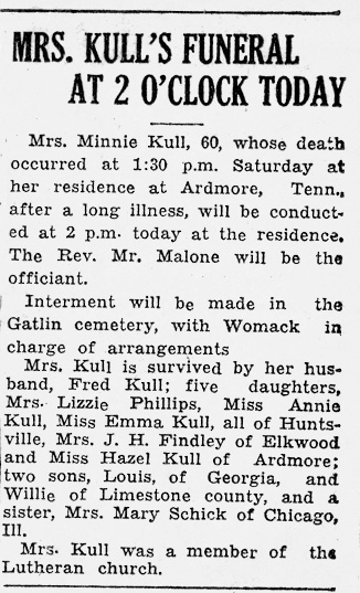 Obituary for Minnie Pagels Kull